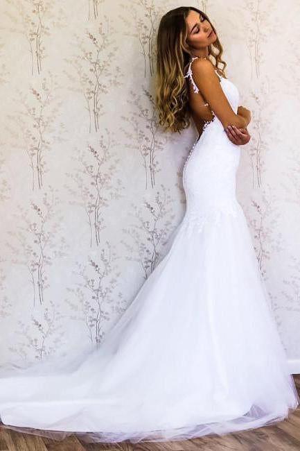 White Lace Mermaid Sweetheart Tulle Spaghetti Straps Backless Affordable Wedding Dresses WK778