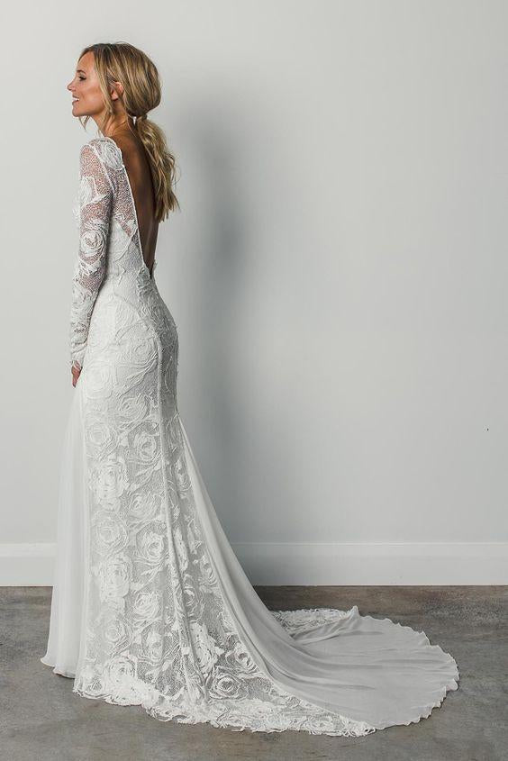 Sheath A Line Long Sleeves Ivory Rustic Lace Backless Scoop Neck Beach Wedding Dresses WK726