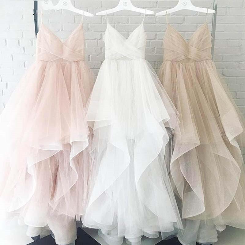 Elegant A Line Spaghetti Straps V Neck Tulle Pink Backless Long Prom Dresses WK35
