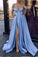 Cheap Simple A Line Blue V Neck Off the Shoulder Satin Long High Slit Prom Dresses WK59
