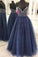 Beautiful A Line Spaghetti Straps V Neck Blue Tulle Rhinestone Long Prom Dresses WK32
