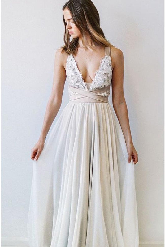 Elegant Fashion A Line V Neck Open Back Chiffon Ivory Lace Long Wedding Dresses WK954