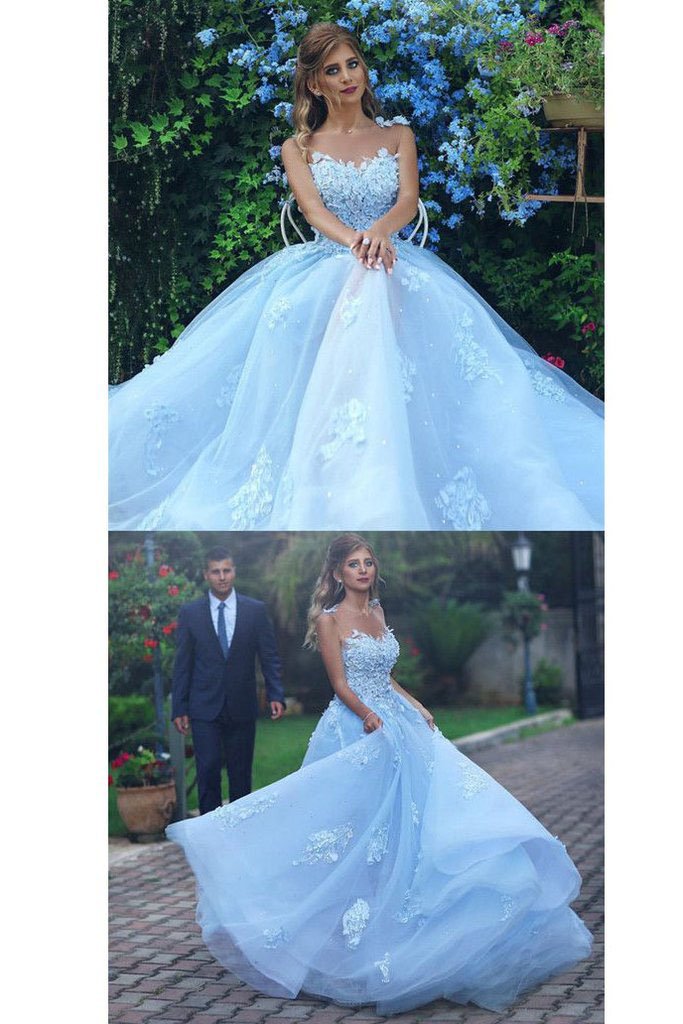 Light Blue Lace Appliques Ball Gown Tulle Prom Dresses Princess Wedding Dresses WK332