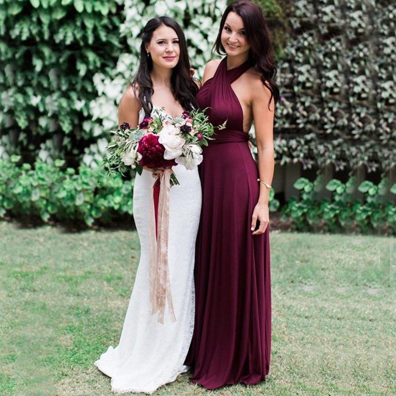 Charming Burgundy A-Line Halter Backless Maroon Chiffon Bridesmaid Dress with Sash WK16