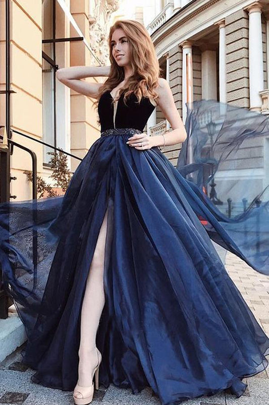 Gorgeous A Line Open Back Sleeveless With Split Side Dark Blue V Neck Prom Dresses WK74