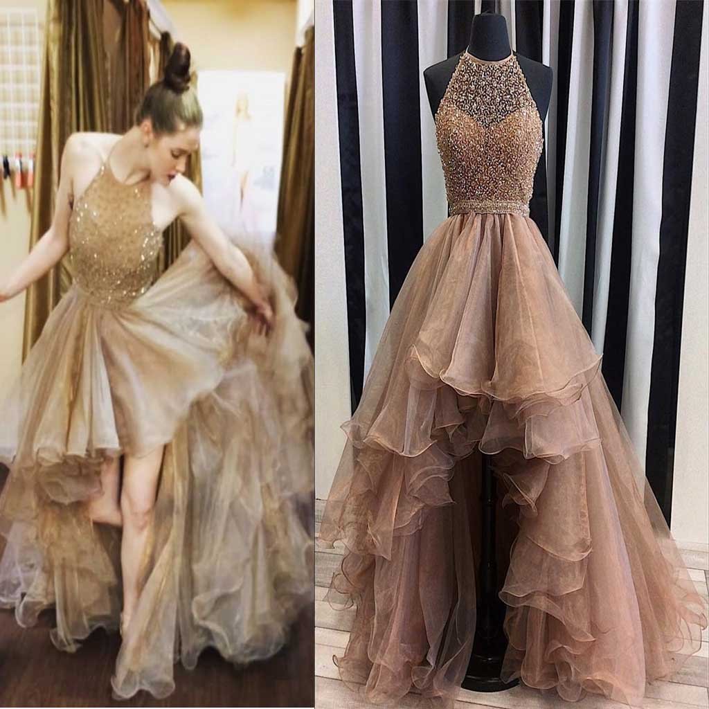 Halter Top Illusion Rhinestone Beaded Hi-Low Tulle Most Popular Long Prom Dresses WK623
