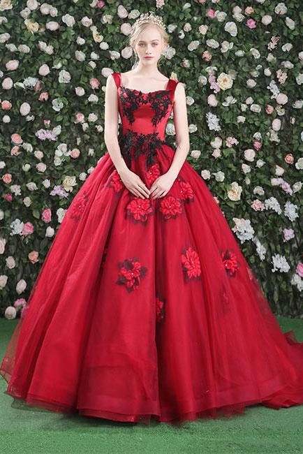 Gorgeous Ball Gowns Red Flowers Scoop Sleeveless Tulle Lace up Beads Prom Dresses WK299