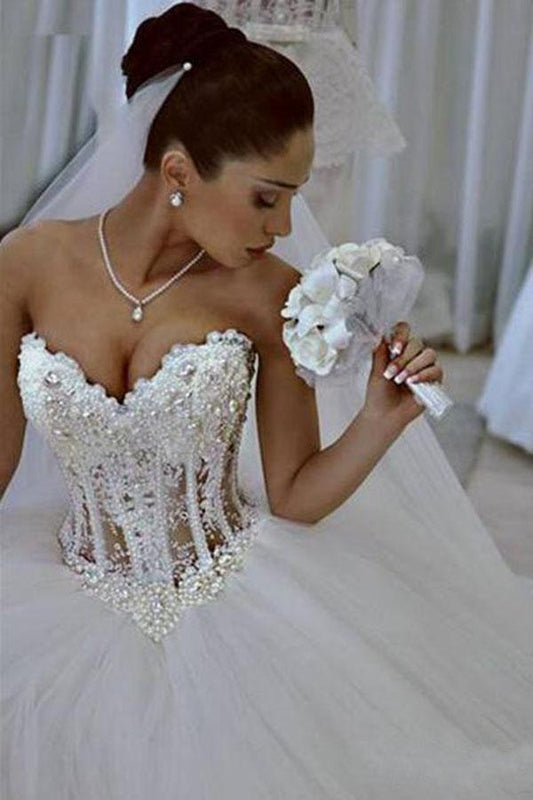 Ball Gown Lace Pearl Beads Unique Arabic Sweetheart White Tulle Princess Wedding Dress WK686