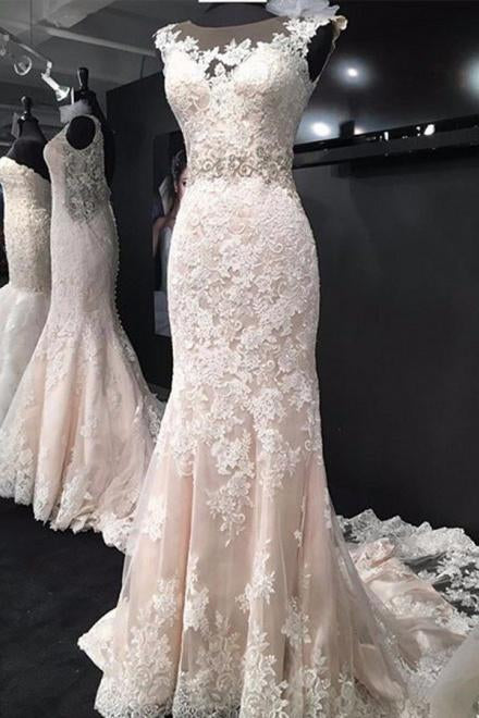 Elegant Bateau Sleeveless Court Train Mermaid Lace Appliques Wedding Dresses WK150