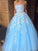 A Line Sky Blue Strapless Lace Appliques Tulle Beads Pockets Floor Length Prom Dresses WK770