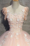 Light Peach Tulle Long Prom Dress with Flowers Princess Ball Gown Sheer Neck Party Dress WK 239
