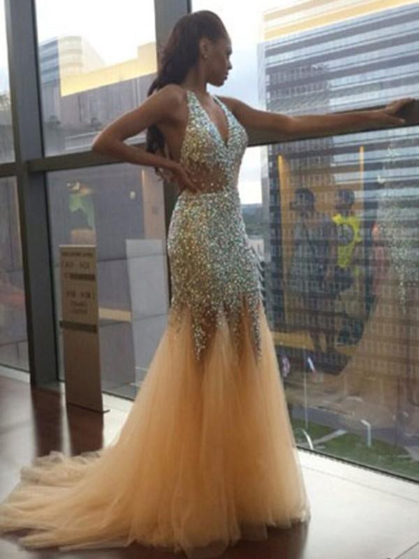 Sexy Unique Deep V Neck Mermaid Sexy Tulle Halter Backless Beads Prom Dresses WK89