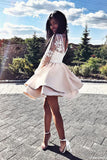 Cute A Line Round Neck White Lace Long Sleeves Satin Short Homecoming Dresses WK934