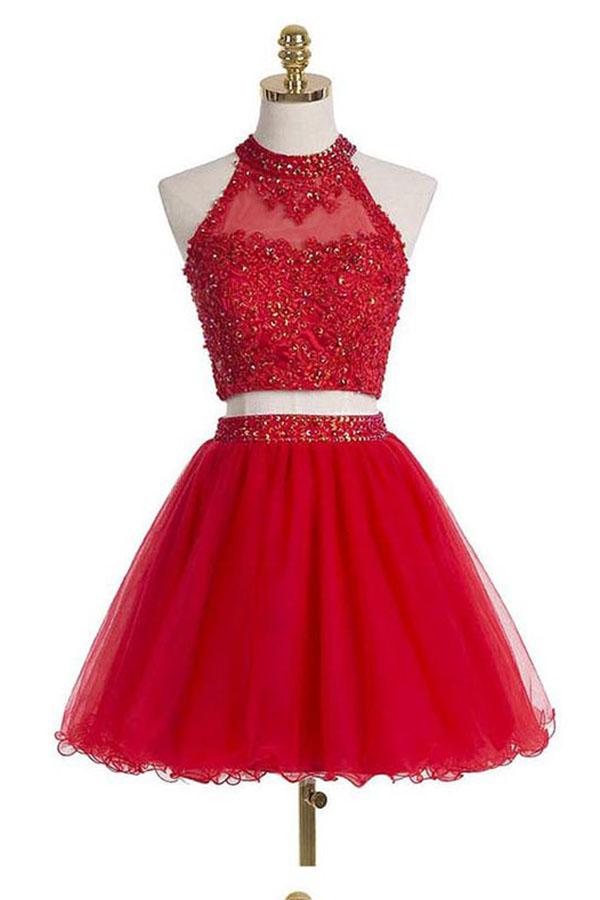 Two Pieces Scoop Halter Short Red Beaded Homecoming Dress with Appliques Sequins WK12