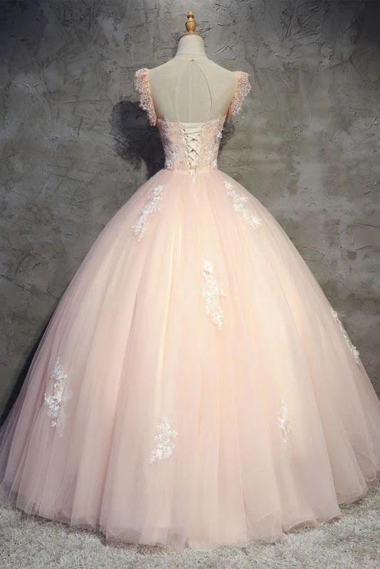 Light Peach Tulle Long Prom Dress with Flowers Princess Ball Gown Sheer Neck Party Dress WK 239