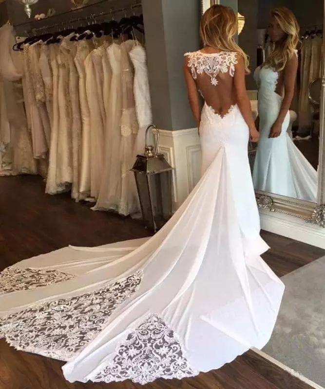 Elegant Sleeveless Mermaid Sheath Backless Sweetheart Applique Lace Wedding Dresses WK235