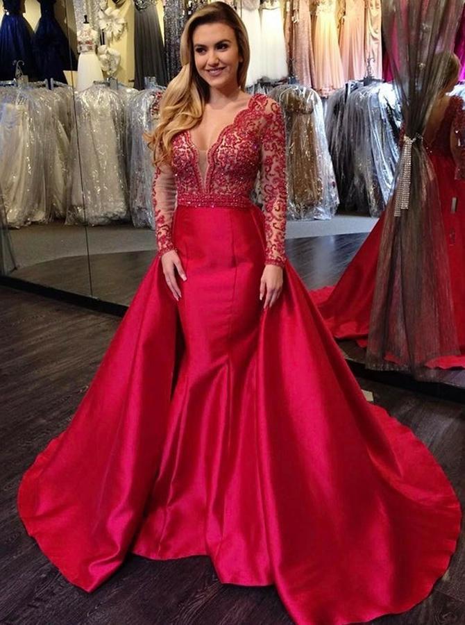 Elegant Mermaid Long Red Long Sleeve Beading V Neck Lace Satin Backless Prom Dresses WK851