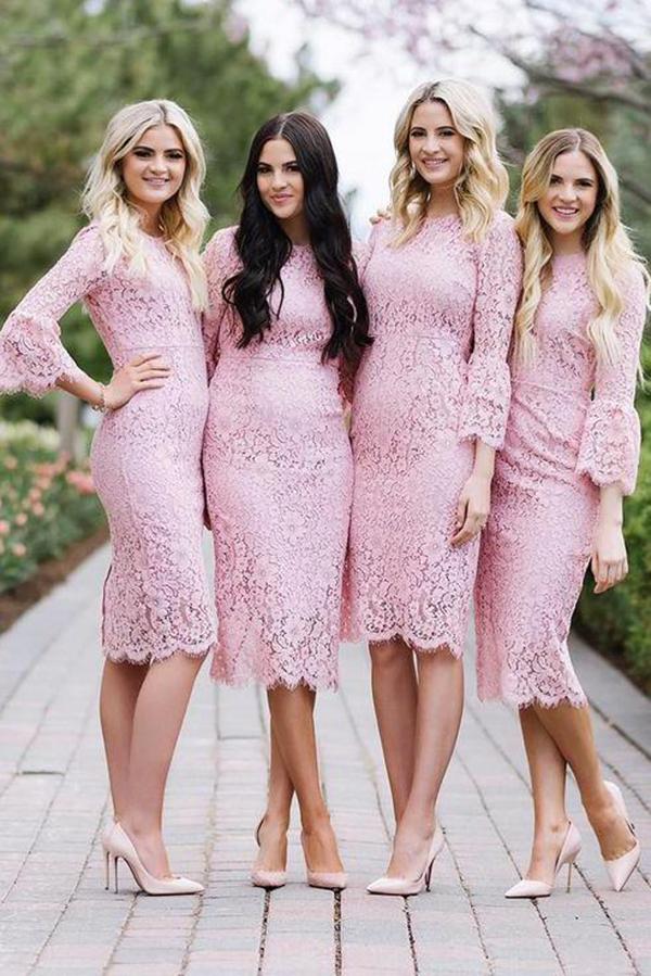 Fashion Sheath Jewel Mermaid Long Sleeves Pink Lace Knee Length Bridesmaid Dress WK580