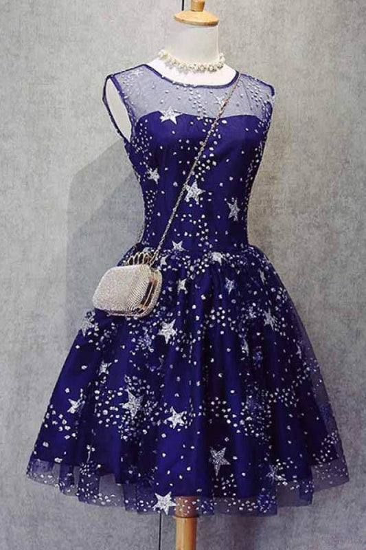 A Line Knee Length Beading Royal Blue Homecoming Dresses Short Bling Prom Dresses WK627