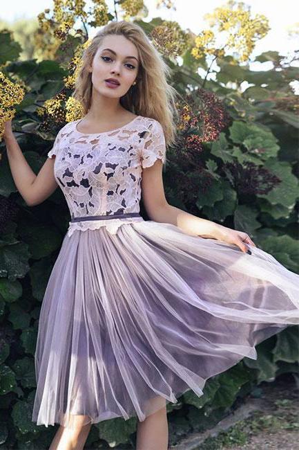 Short Sleeves Scoop Lace Homecoming Dresses A line Cheap Pink Short Prom Dresses WK930