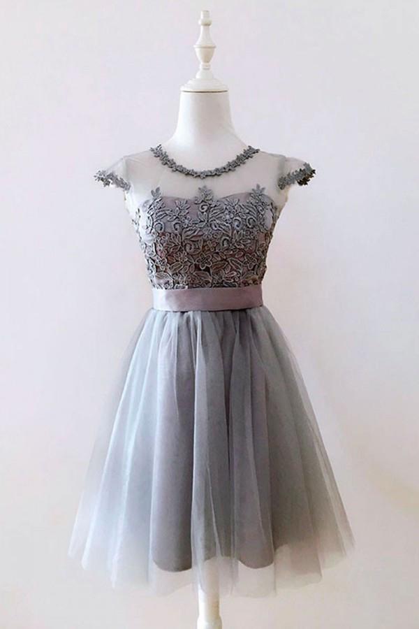 A Line Gray Cap Sleeves Lace up Appliques Tulle Scoop Short Homecoming Dresses WK882