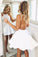 A Line White Backless Sleeveless Halter Satin Short Prom Dress Homecoming Dresses WK579