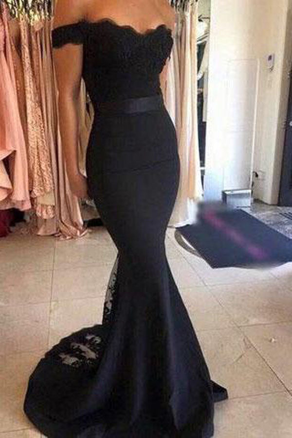 Black Long Mermaid Off the Shoulder Prom Dresses with Sash