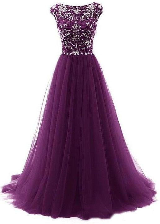 Elegant A Line Burgundy Beads Scoop Tulle Cap Sleeves Long Prom Dresses WK874