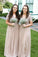 A Line Long Cheap Chiffon V Neck Beads Sparkly Short Sleeve Bridesmaid Dresses WK284