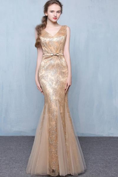 Golden Sequins V-Neck Mermaid Elegant Tulle Sleeveless Prom Dresses with Sash Bowknot WK248