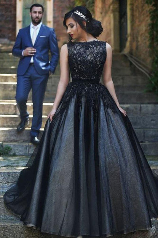 Elegant Round Neck Black Lace Sleeveless Tulle Long Ball Gown Floor-length Prom Dresses WK213