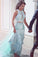 A-Line Two Pieces Sheath Round Neck Blue Tulle Prom Dresses with Lace Sequins Overskirt WK266