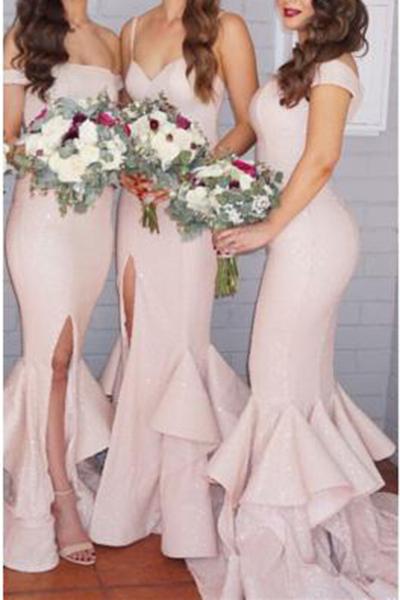 2022 Sexy Mermaid Ruffles Front Split Off-the-shoulder Sleeveless Bridesmaid Dress WK329
