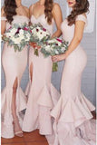 2022 Sexy Mermaid Ruffles Front Split Off-the-shoulder Sleeveless Bridesmaid Dress WK329