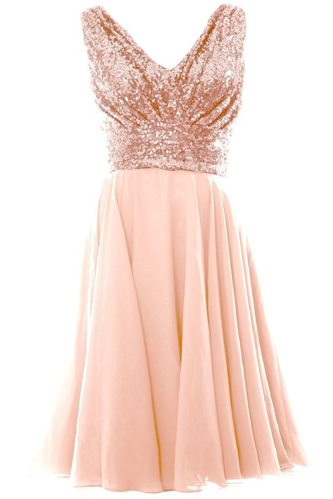 A Line Blush Pink V Neck Chiffon Short Bridesmaid Dress with Rose Gold Sequins WK779