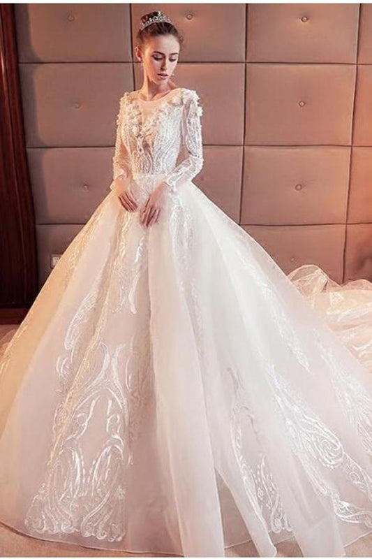 2024 Gorgeous Scoop Lace Appliques Flowers White Organza Long Sleeve Wedding Dresses WK177