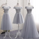 A-Line Gray Lace Off the Shoulder Tulle Lace-up Sweetheart Prom Dresses WK157