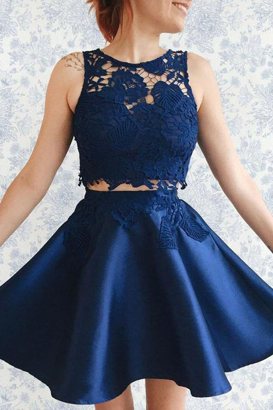 Two Piece Dark Blue Satin Cute Short A-Line Homecoming Dress with Lace Appliques WK130