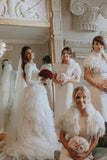 A-Line Ivory Sweep Train Tulle Long Sleeves Long Beach Wedding Dresses with Ruffles WK898