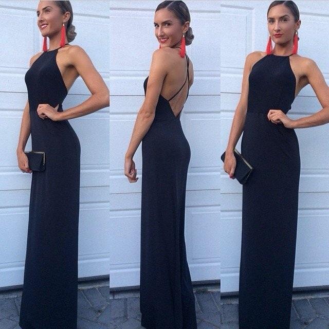 New Arrival Modest Halter Criss-Cross A-Line Long Navy Blue Sleeveless Prom Dresses WK616