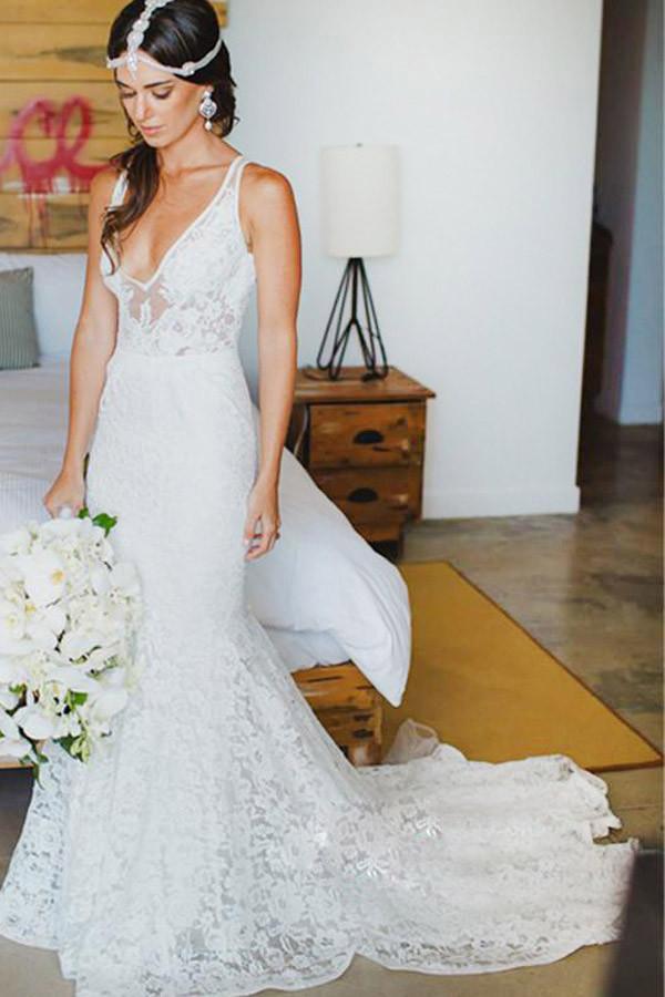 Elegant Mermaid Lace V-neck Court Train Ivory Sleeveless Beach Wedding Dresses WK314