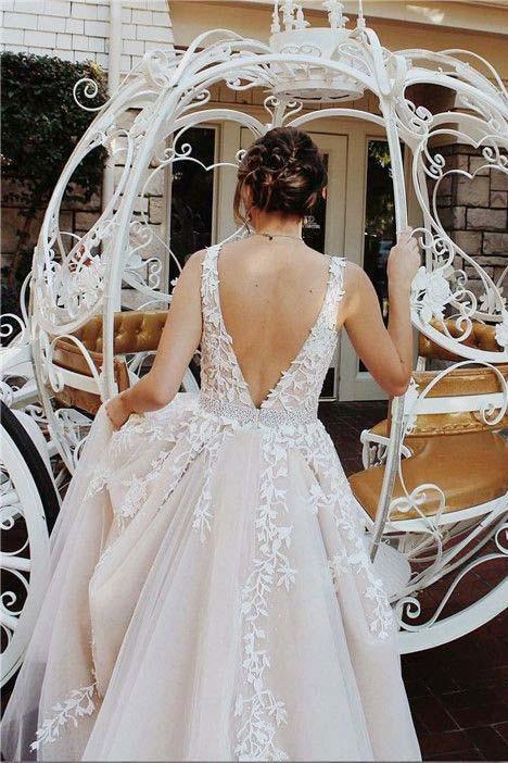 A-Line V-Neck Appliques Open Back Ivory Sleeveless Beads Evening Prom Dresses WK465