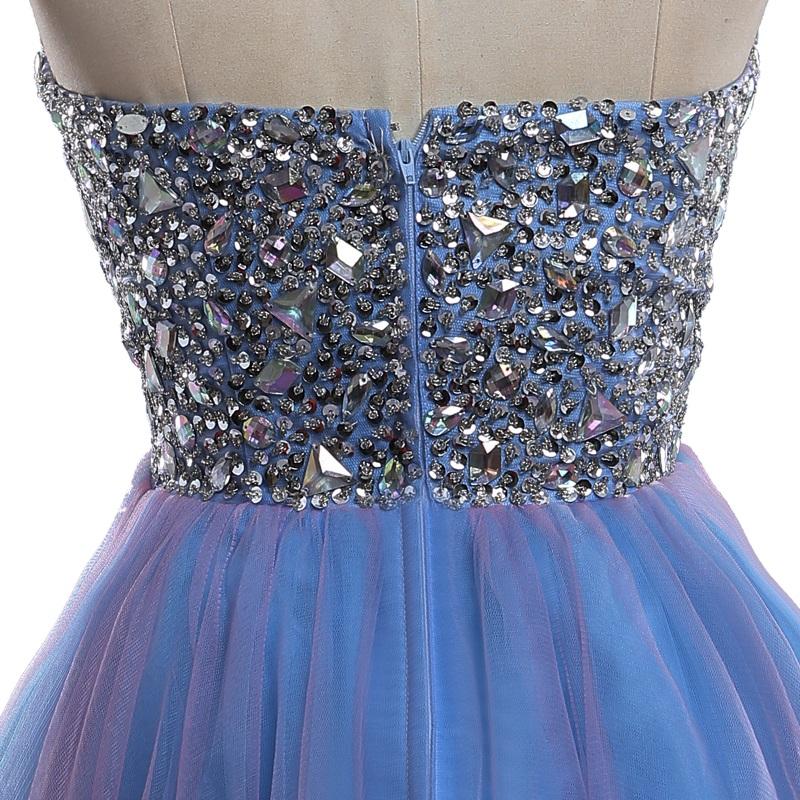 Strapless Cute Tulle Short Sweetheart Beading Blue Rhinestone Homecoming Dresses WK190