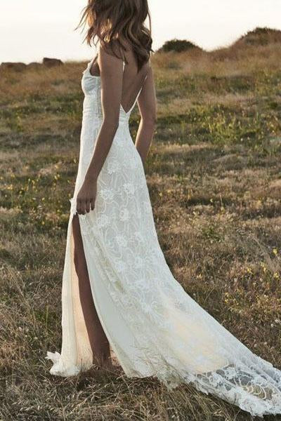 Boho Backless Front Split Romantic Off-the-Shoulder Ivory Lace Beach Bling Wedding Dress WK699