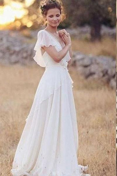 Elegant A-Line Ivory Flower Cap Sleeve V-Neck Chiffon Open Back Wedding Dresses WK376