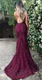 Amazing Lace Maroon V Neck Spaghetti Strap Long Lace Burgundy Prom Dresses WK578