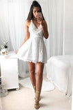 A Line V Neck Spaghetti Strap Short Lace White With Criss-Cross Mini Homecoming Dress WK590