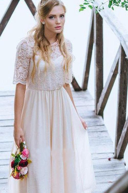 A Line Half Sleeve Lace Chiffon Ankle Length Prom Dress with Jewel Neckline WK274
