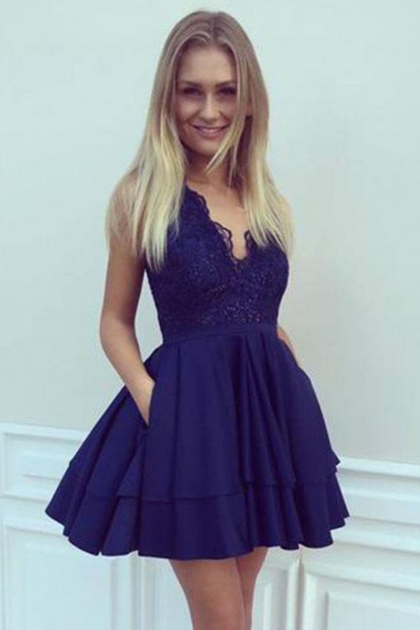 A-Line V Neck Short Navy Blue Satin Homecoming Dresses with Lace Sequins Pockets WK709