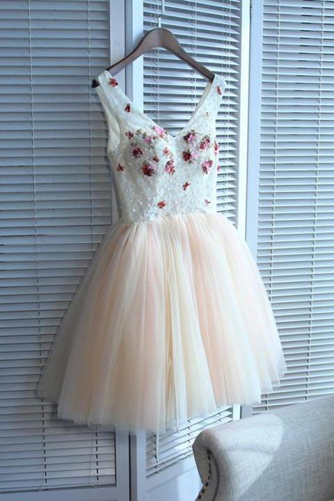 A line V Neck Seam Beads Appliques Tulle Lace up Pink Short Homecoming Dresses WK01